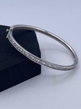 QVC Epiphany Diamonique Sterling Silver CZ Bangle Bracelet Platinum Clad 14.9g